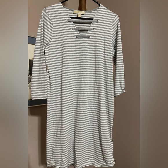 Michael Kors, gray and white stripe knit dress, laced eyelet upper chest, Size S - Picture 3 of 7